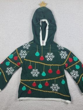 Holiday Hoodie Christmas Tree Sweater Kids Size L 10-12 Green Snowflake Ornament